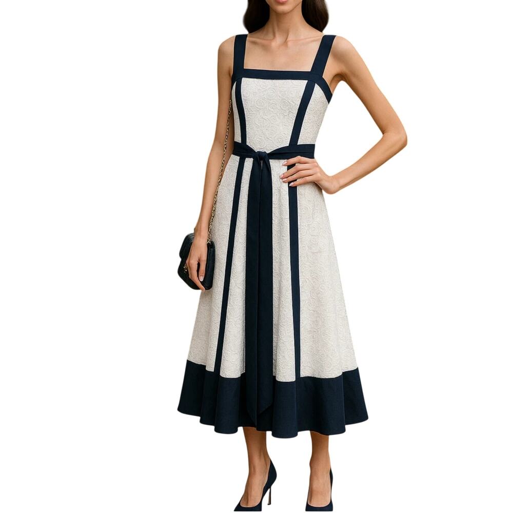 Badgley Mischka Lace Fit and Flare Midi Cocktail Dress Blue and White Size 0